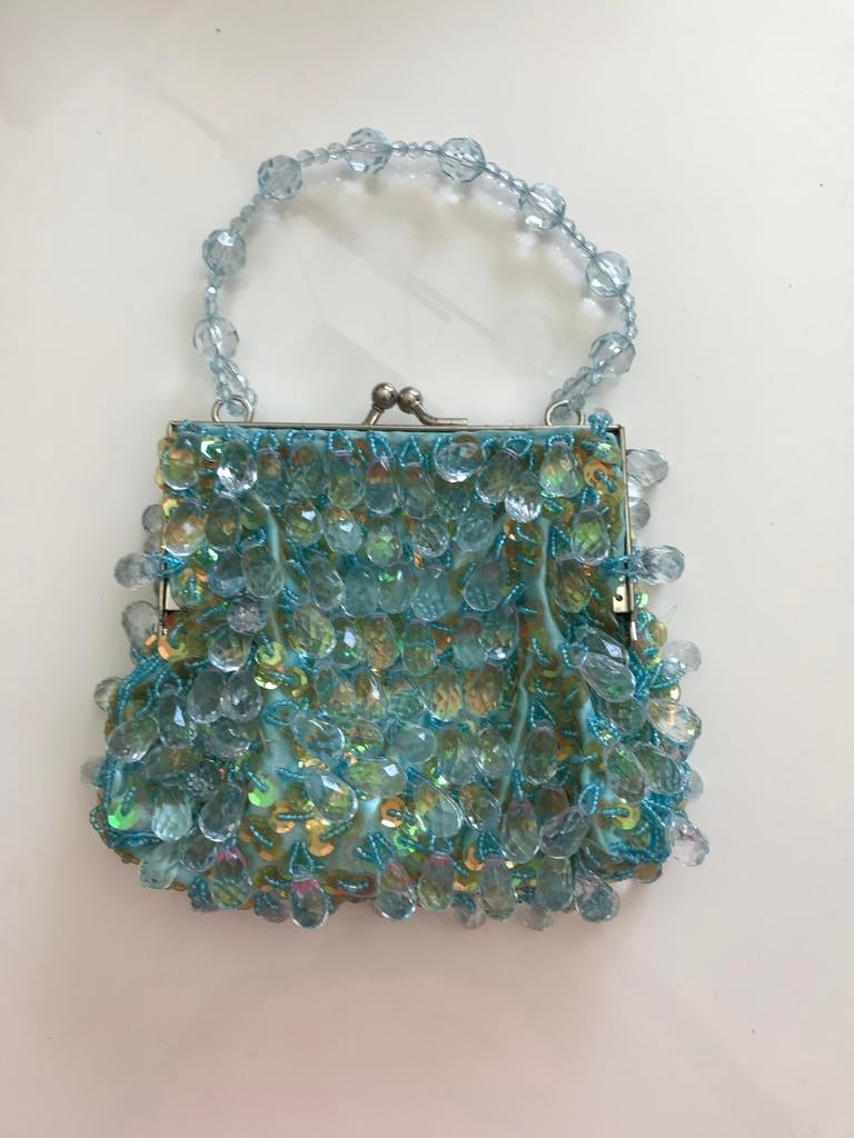 Schattig blauw avondtasje met kralen en pailletten, Ophalen of Verzenden, Zo goed als nieuw, Blauw, Avondtasje