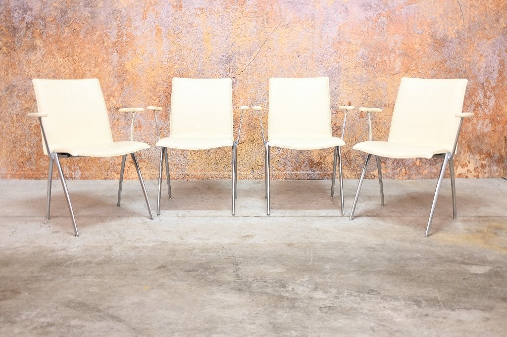 ZGANieuw 4 cremekleurige leren Leolux Natello design stoelen, Leolux, Leolux, Wit, Ophalen of Verzenden
