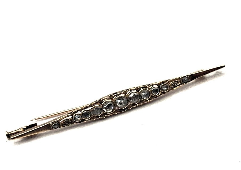 Bar broche – 14k goud met roosdiamanten (19e eeuw), 4 tot 7 cm, Ophalen of Verzenden, Zo goed als nieuw, Met edelsteen