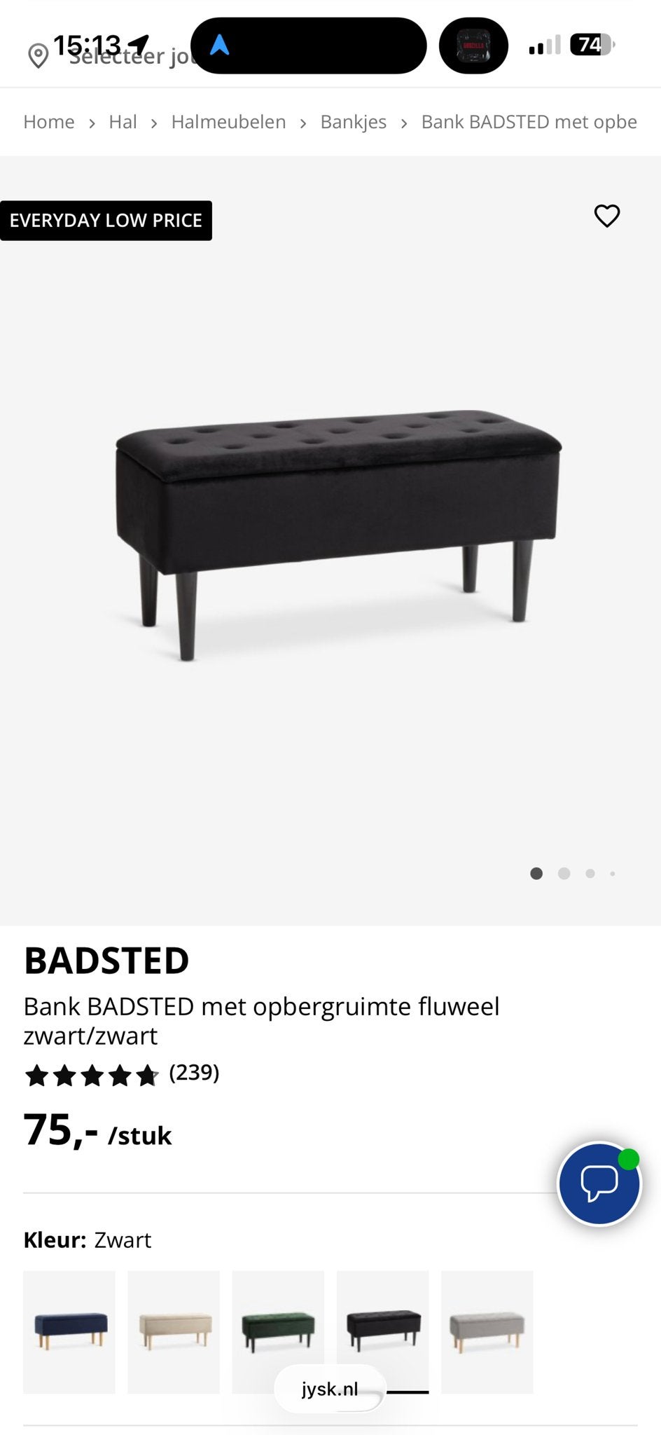 BADSTED Bank met opbergruimte fluweel zwart jysk, Ophalen, Minder dan 50 cm, 75 tot 100 cm, Zo goed als nieuw