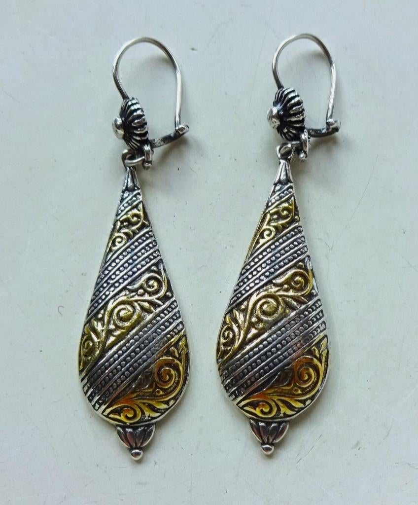 Vintage 925 zilver + 585 goud oorbellen / hangers, Ophalen of Verzenden, Zilver, Oorbellen, Verguld