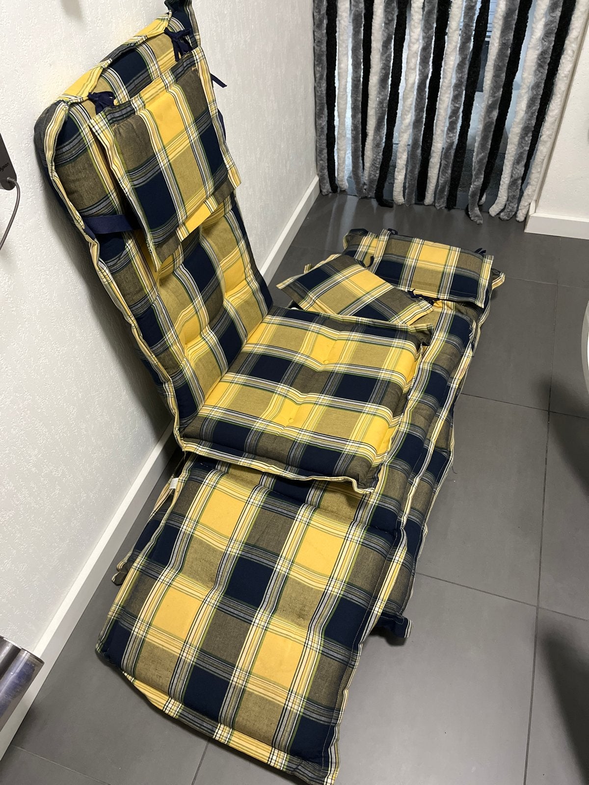 4x Geel-blauw geruite tuinstoel kussens, Tuin en Terras, Tuinmeubel-accessoires, Ophalen, Gebruikt