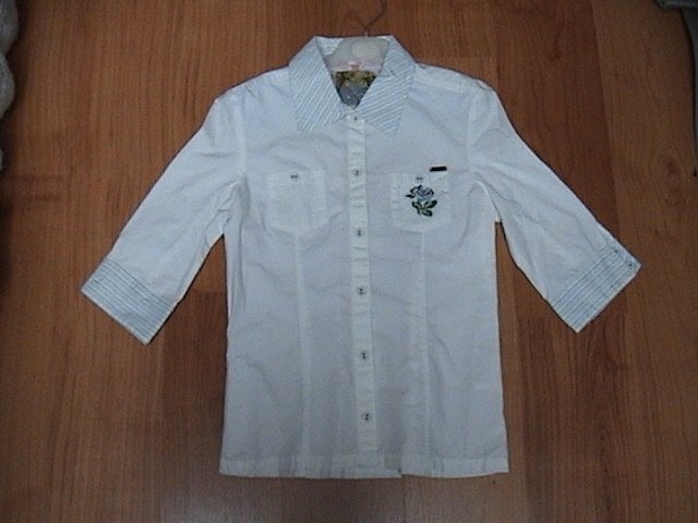 JILL / SHOEBY witte blouse met 3/4 mouw + blauw gestreepte m, Gebruikt, Meisje, Overhemd of Blouse, Ophalen of Verzenden