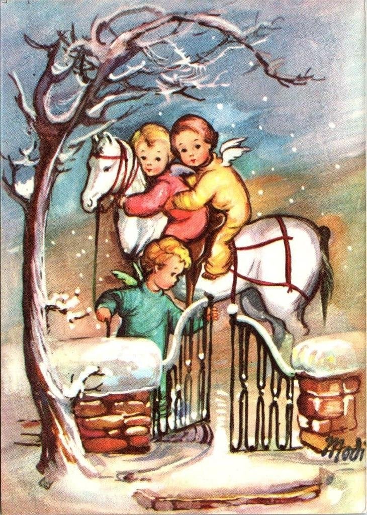 Vintage Kerstkaart: Engeltjes op paard in de sneeuw jaren 60, Verzenden, 1960 tot 1980, Ongelopen, Feest(dag)