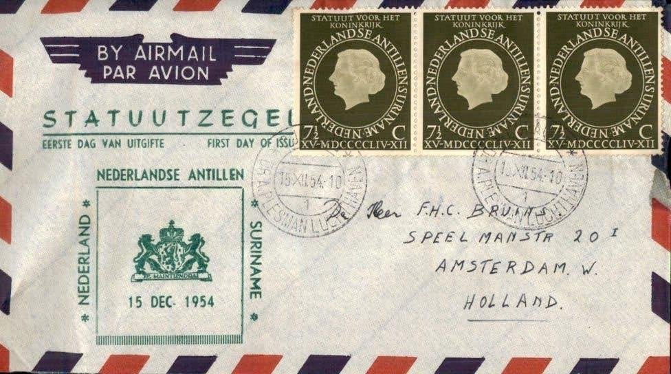 Nederlandse Antillen - Statuutzegel - FDC - 1954, Ophalen of Verzenden, Envelop