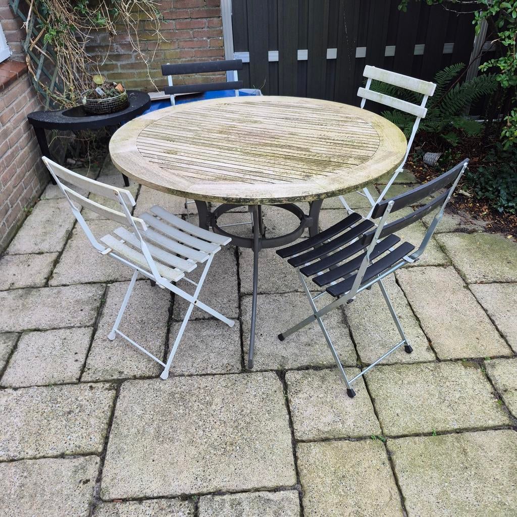 Degelijke tuinset: ronde tafel teakhout (120cm) met stoelen, Ophalen, 4 zitplaatsen, Gebruikt, Tuinset