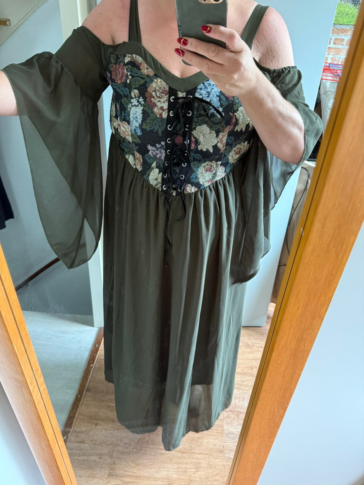 Cottagecore Elfia Fantasy korset Jurk - Groen met Bloemen, Maat 46/48 (XL) of groter, Nieuw, Ophalen of Verzenden, Onder de knie