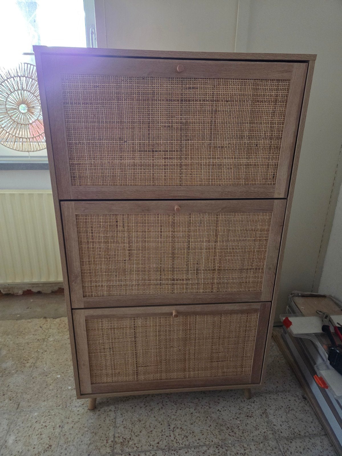 Schoenenkast met 3 vakken, hout en rotan look, Ophalen, Zo goed als nieuw, Boho, Scandinavisch, Modern