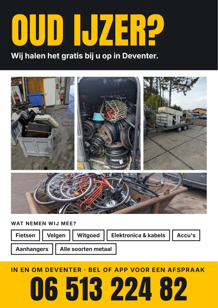 Oud ijzer, auto of brommer? Gratis ophalen in Deventer!, Ophalen, Gebruikt, Overige metalen