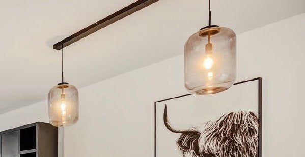 Moderne hanglampen met glazen kap - Set van 2, Ophalen of Verzenden, Zo goed als nieuw, Glas, E27 (groot)