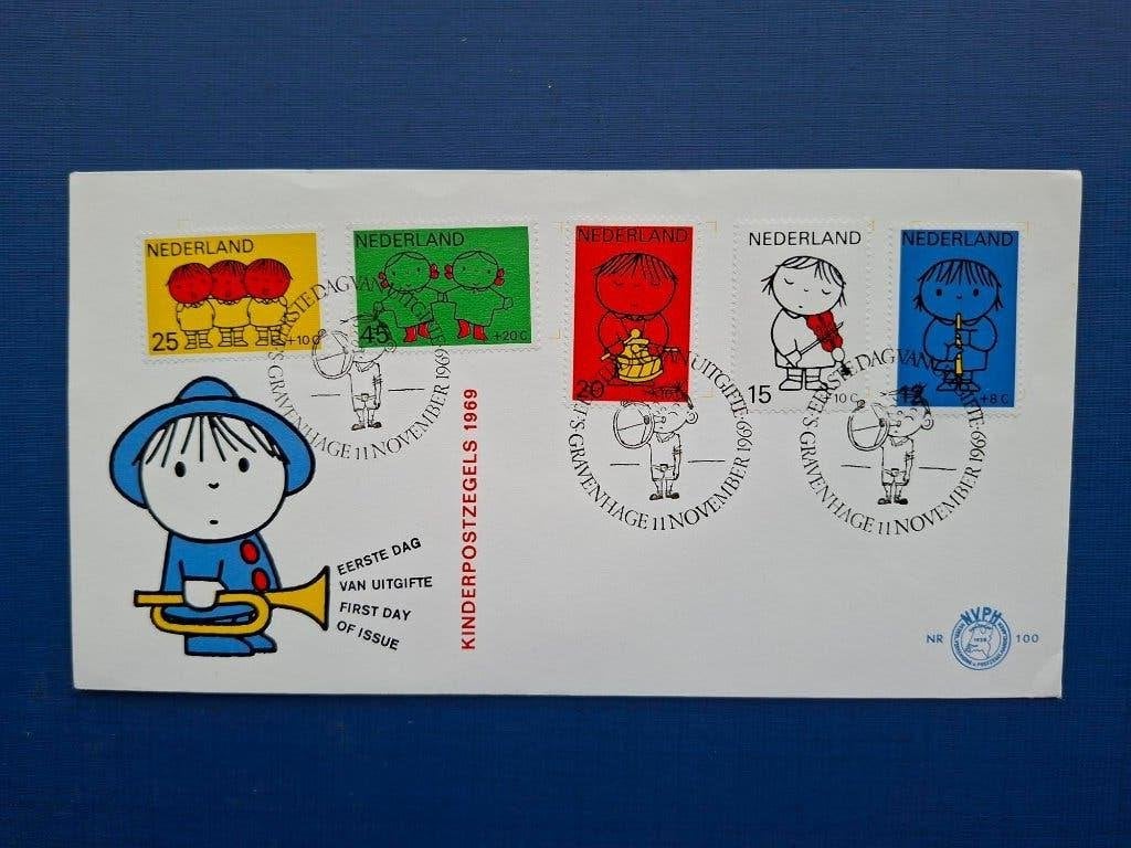 Postzegel NL 1969 FDC met Kinderzegels Dick Bruna 05-08, Postzegels en Munten, Ophalen of Verzenden, Na 1940, Gestempeld