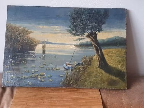Heel oud olieverf Hollands landschap knotwilg waterlelies, Ophalen