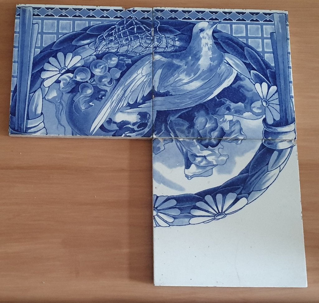 7 Antieke Delfts Blauwe Tegels met Vogelmotief, Ophalen of Verzenden