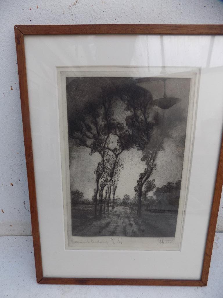 Ets landschap vlaams belgie Albert Goethals, Ophalen of Verzenden, Ets, Gesigneerd