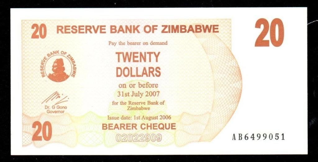 Bankbiljet - Zimbabwe 20 Dollars 2006 - UNC., Ophalen of Verzenden, Zimbabwe, Los biljet