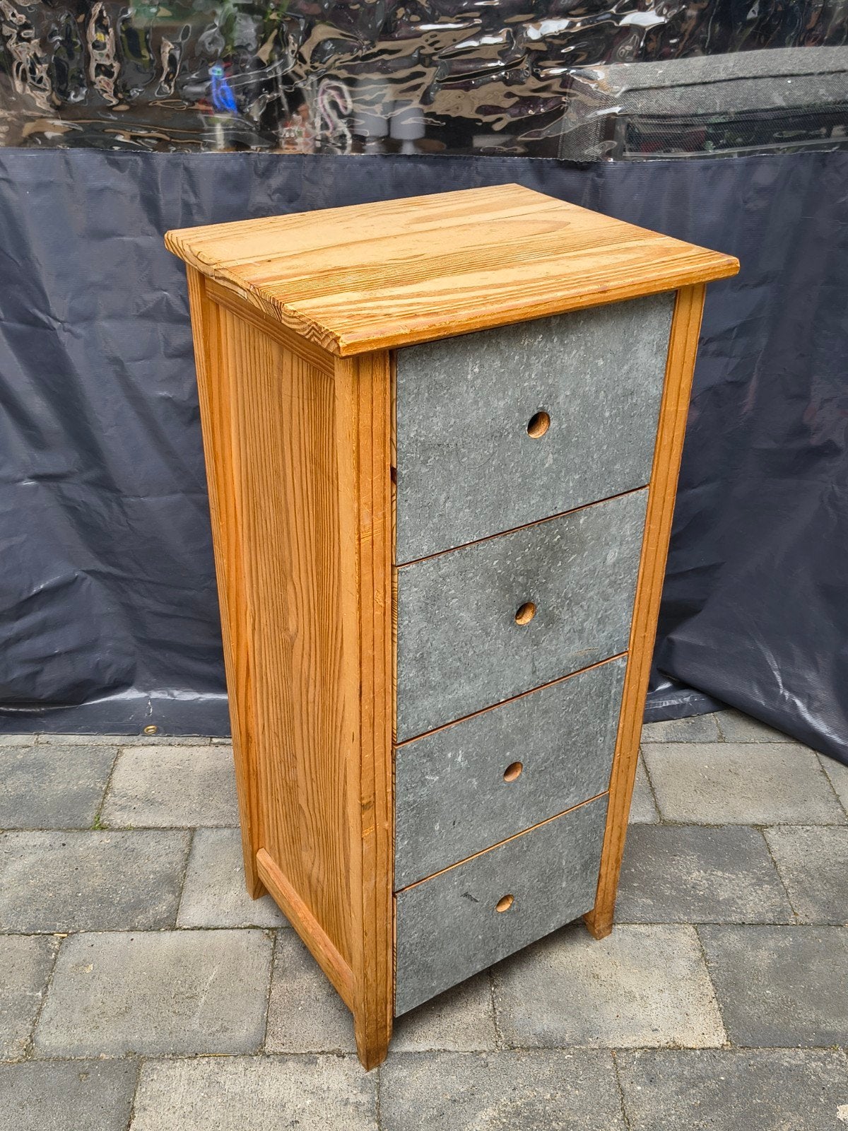 Houten ladekastje met 4 laden - zinken front, Ophalen, Minder dan 50 cm, Gebruikt, 3 of 4 laden