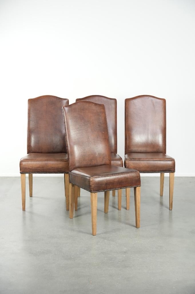 Vintage set van 4 eetkamerstoelen gemaakt van schapenleer, Ophalen, Gebruikt, Bruin, .