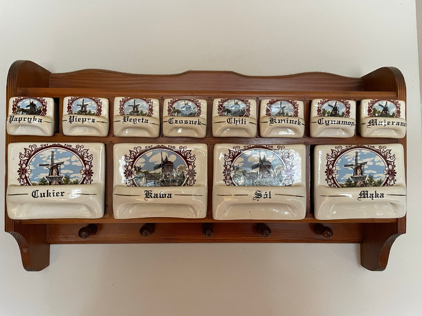 Vintage kruidenrek met keramische potjes - Molen decor, Ophalen of Verzenden