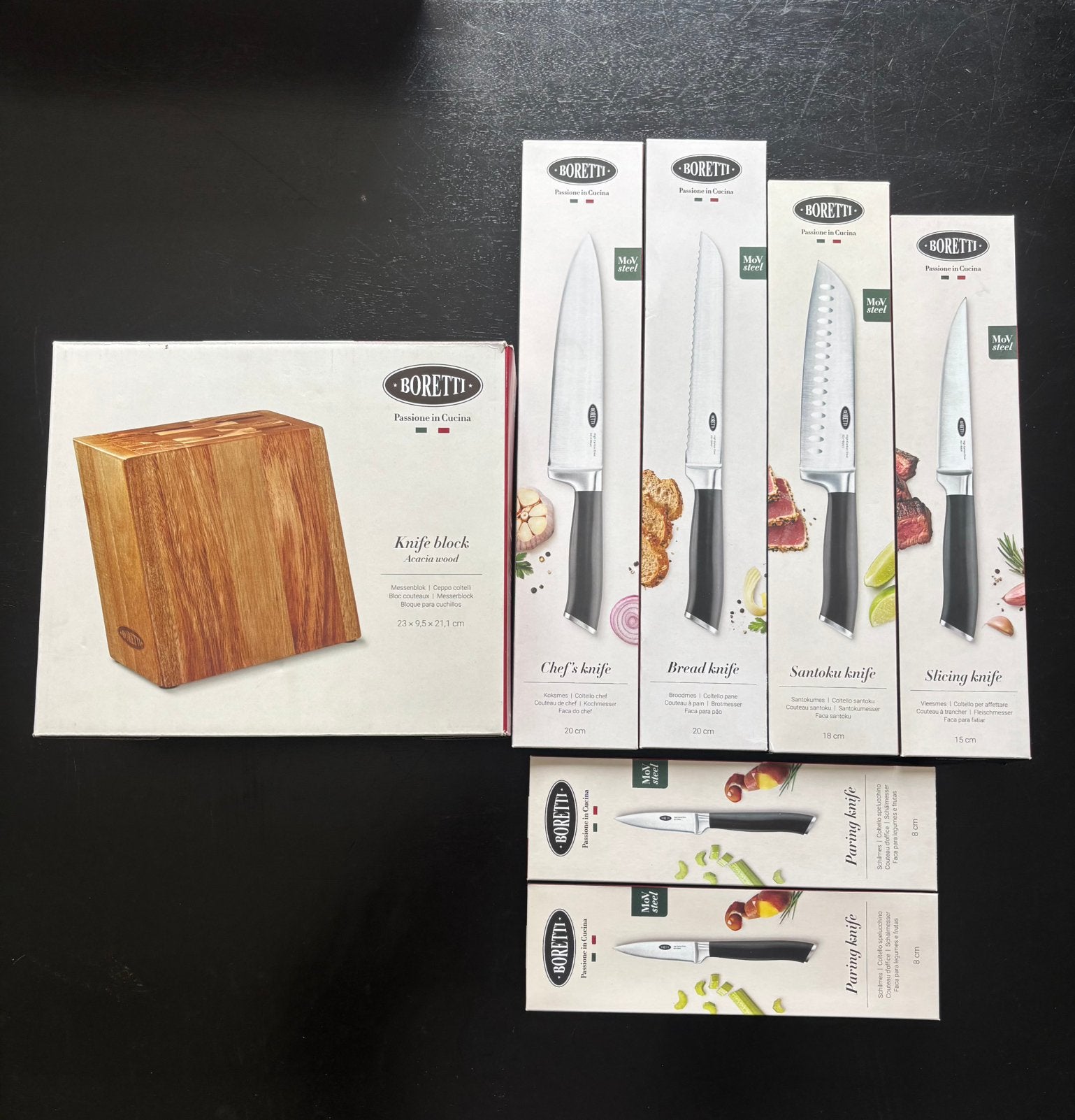 Boretti Messenblok met 6-delige messenset - Nieuw, Overige typen, Hout, Nieuw, Ophalen of Verzenden