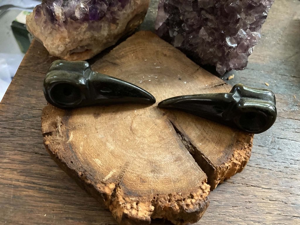 Kristallen Schedel Raaf Zwarte Obsidiaan met Gouden glans, Ophalen of Verzenden, Mineraal