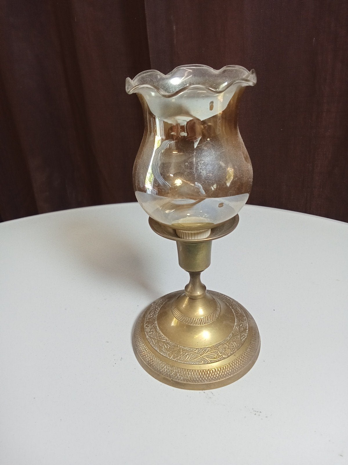 Vintage messing kandelaar met glazen windlicht, Ophalen
