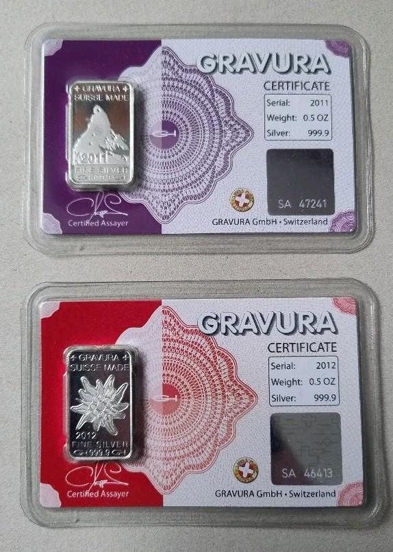 2 1/2 oz Zilver baren Gravura 2011 en 2012 met certificaatnr, Ophalen of Verzenden, Zilver