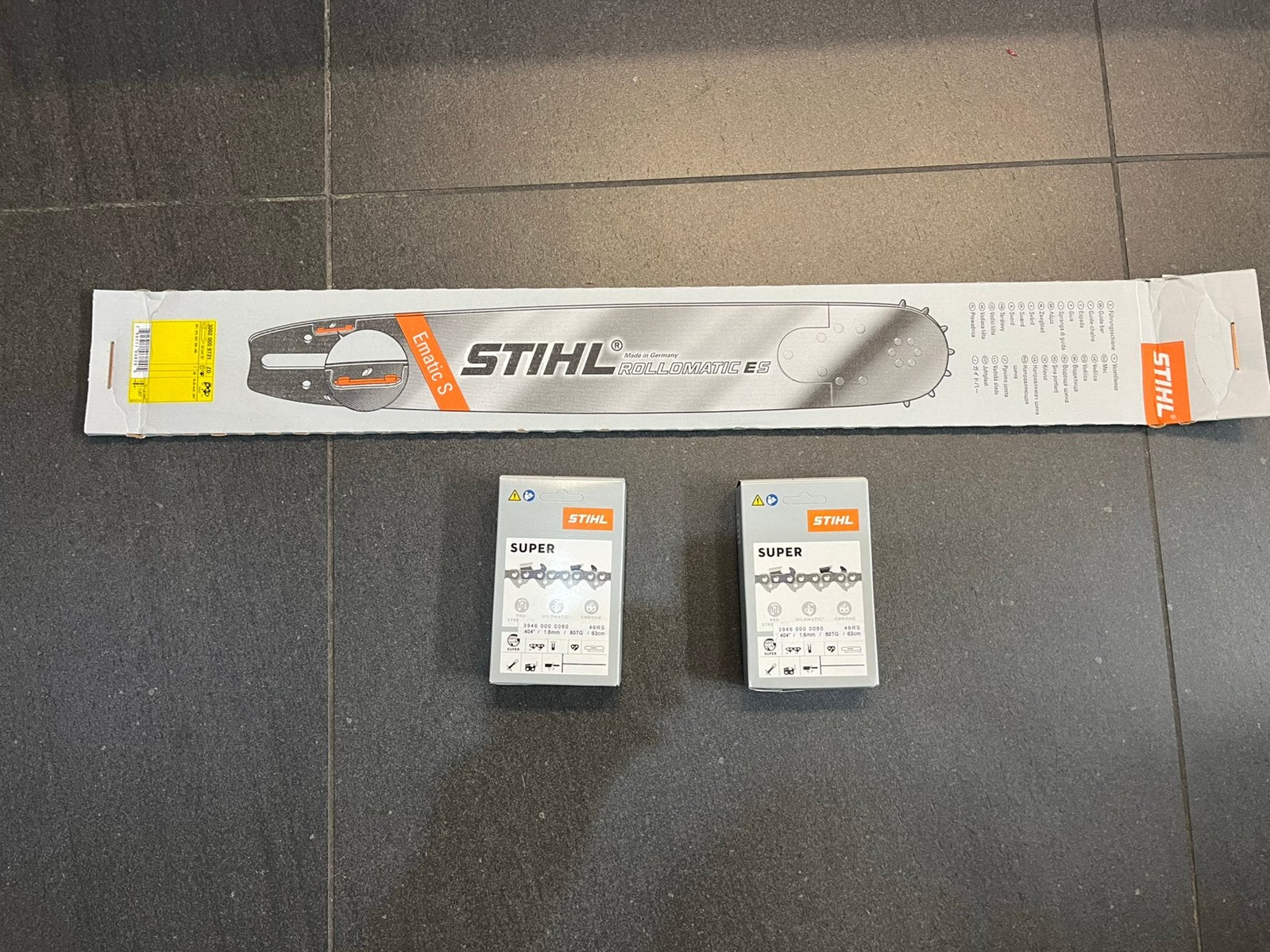 Stihl zaagblad 63cm 404 + 2 Stihl kettingen, 70 mm of meer, Kettingzaag, Nieuw, Ophalen of Verzenden