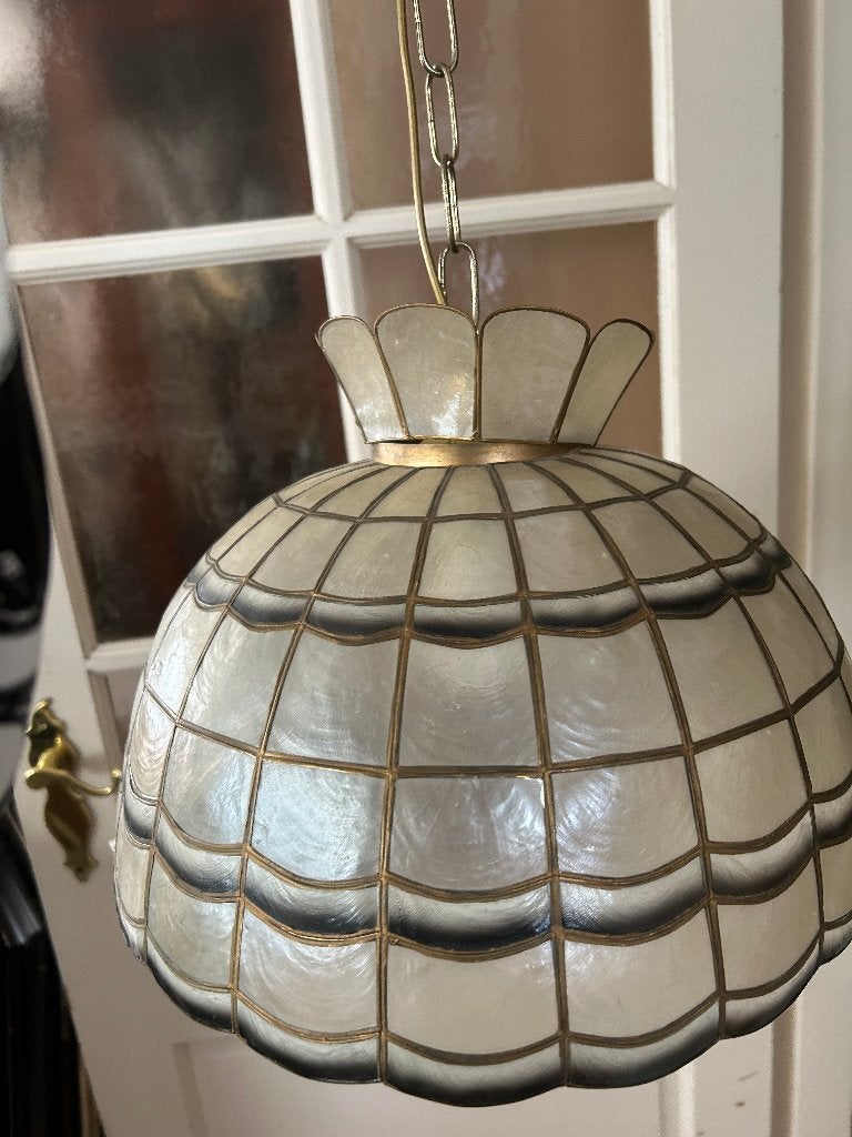 vintage capriz parelmoer/schelpen hanglamp jaren 60 art-deco, Huis en Inrichting, Gebruikt, Art deco, Natuurlijk materiaal, E27 (groot)