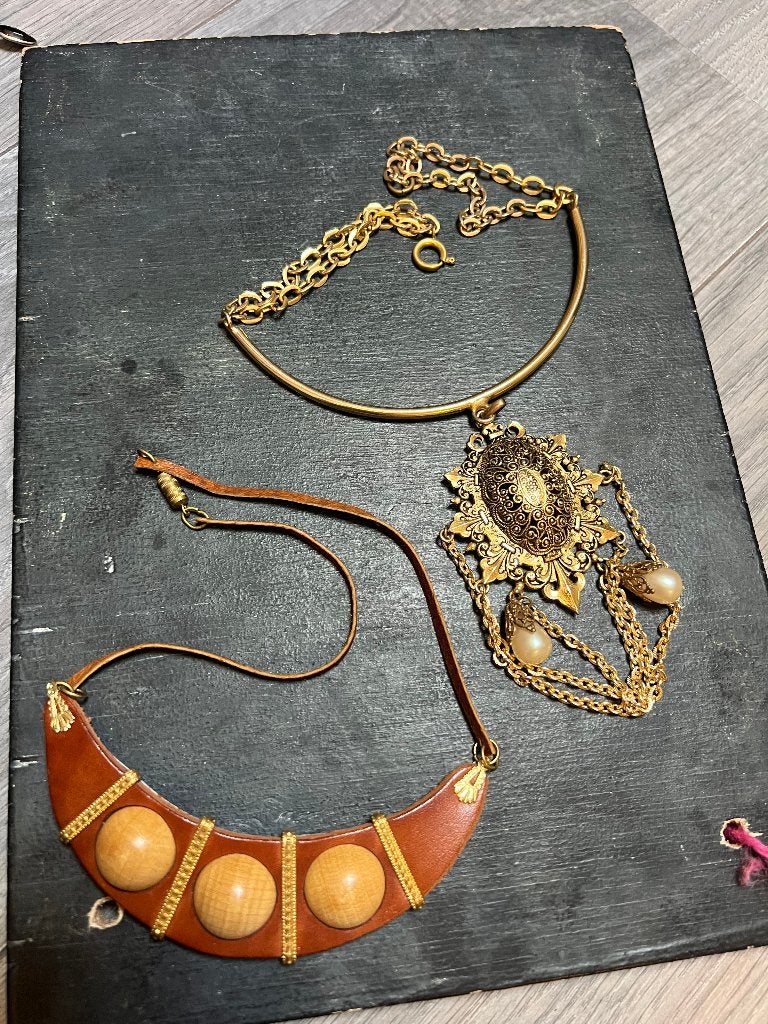 Vintage jugenstil ketting choker messing leren boho collier, Bruin, Ophalen of Verzenden, Zo goed als nieuw, Overige materialen