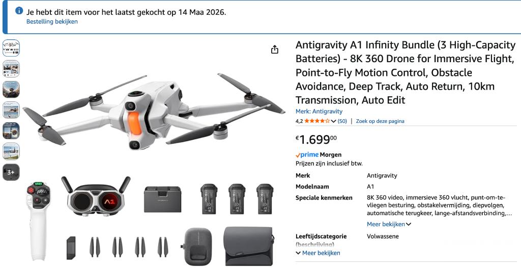 Antigravity 8k 360 drone combo googles 3 bats motion 249 gr., Cameradrone, Overige merken, Nieuw, 1 tot 5 kilometer