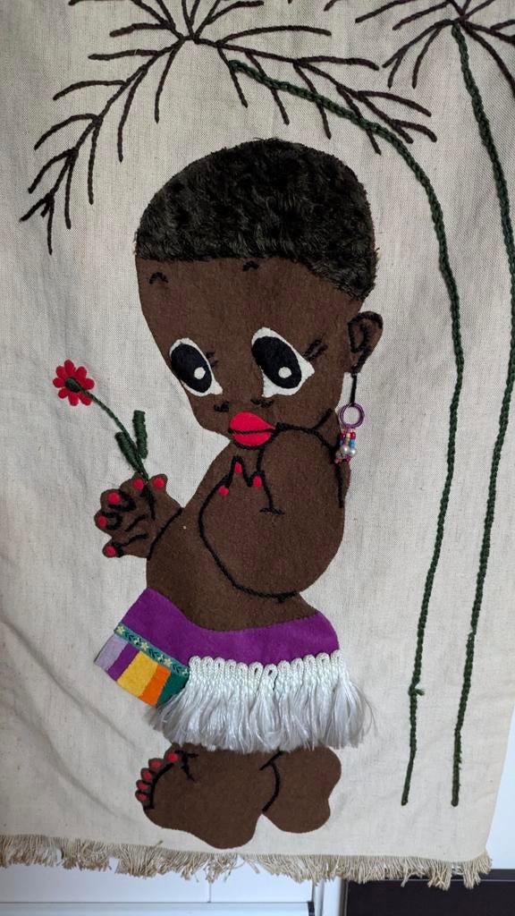 Vintage Handgemaakt Wandkleed met Afrikaans Meisje, Ophalen of Verzenden