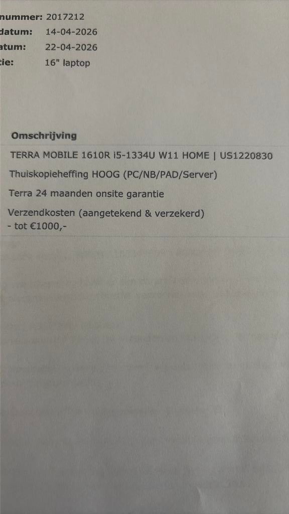 Laptop Terra mobile 1610R i5-1334U W11 home, Ophalen of Verzenden, Nieuw, 16 inch