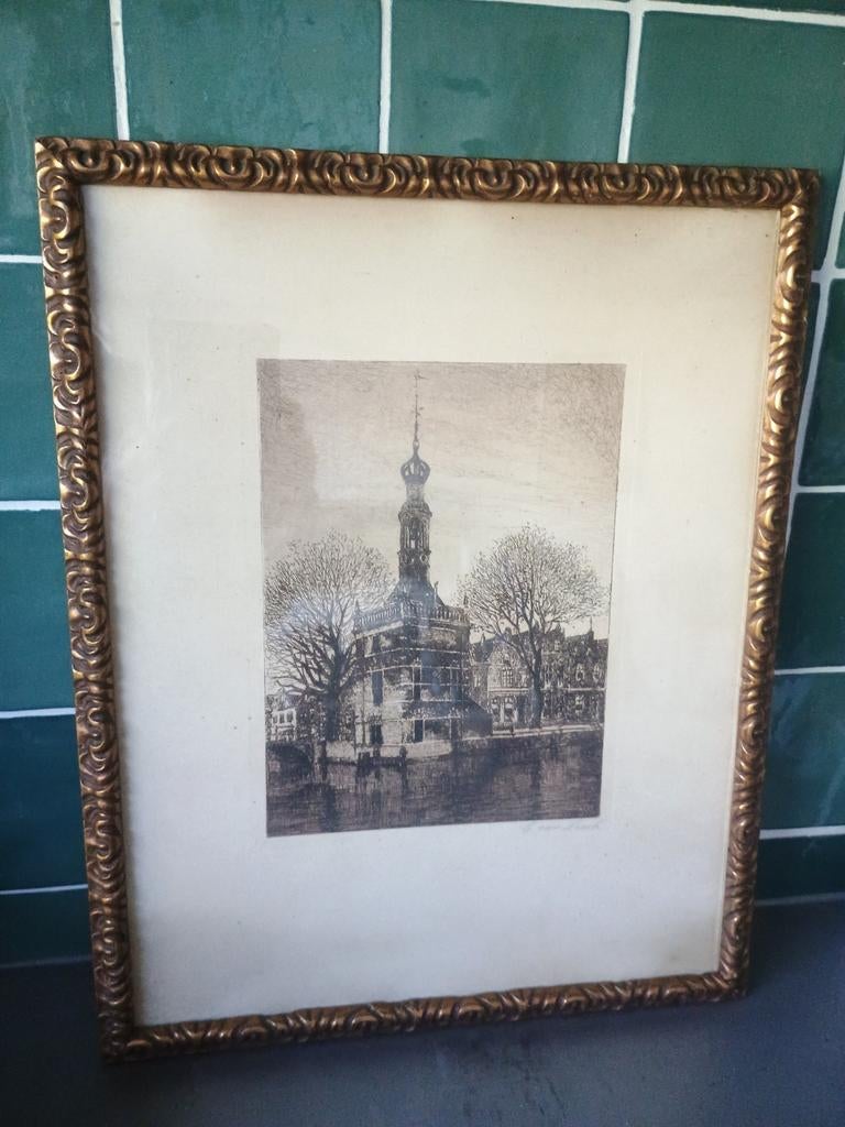 Ets Accijnstoren Alkmaar, gesigneerd C. van Heest, Ophalen