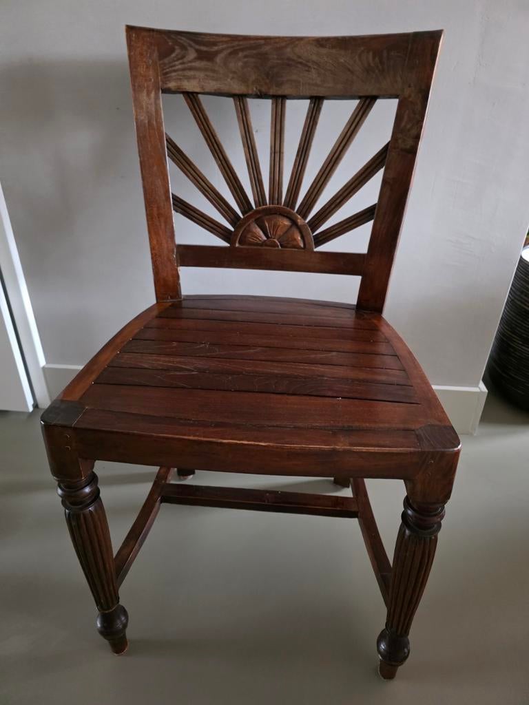 4 Teak Houten Eetkamerstoelen - Zithoogte 48 cm, Huis en Inrichting, Stoelen, Ophalen, Gebruikt, Bruin, Vier