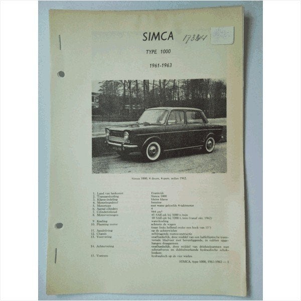 Simca 1000 Vraagbaak losbladig 1961-1963 #1 Nederlands, Ophalen of Verzenden, Gelezen, Overige merken