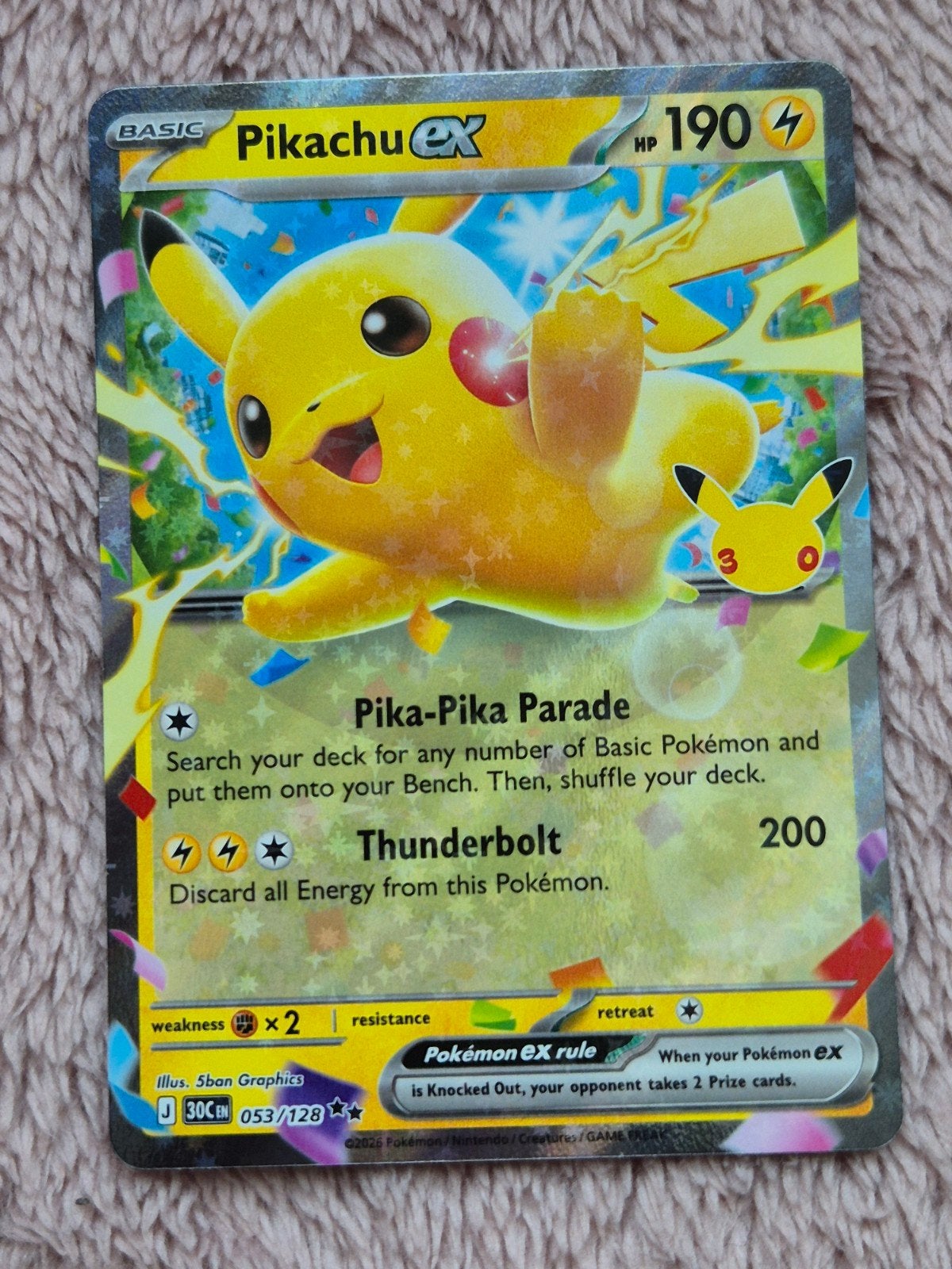 Pikachu Ex  - 053/128 - 30th Celebration (30C 053) NM, Ophalen of Verzenden, Nieuw, Losse kaart