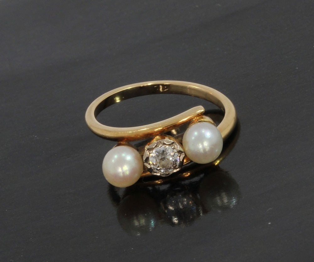 Grote diamant parel 14k gouden fraaie ring briljant antiek, Ophalen of Verzenden, Goud, Ring, Met edelsteen