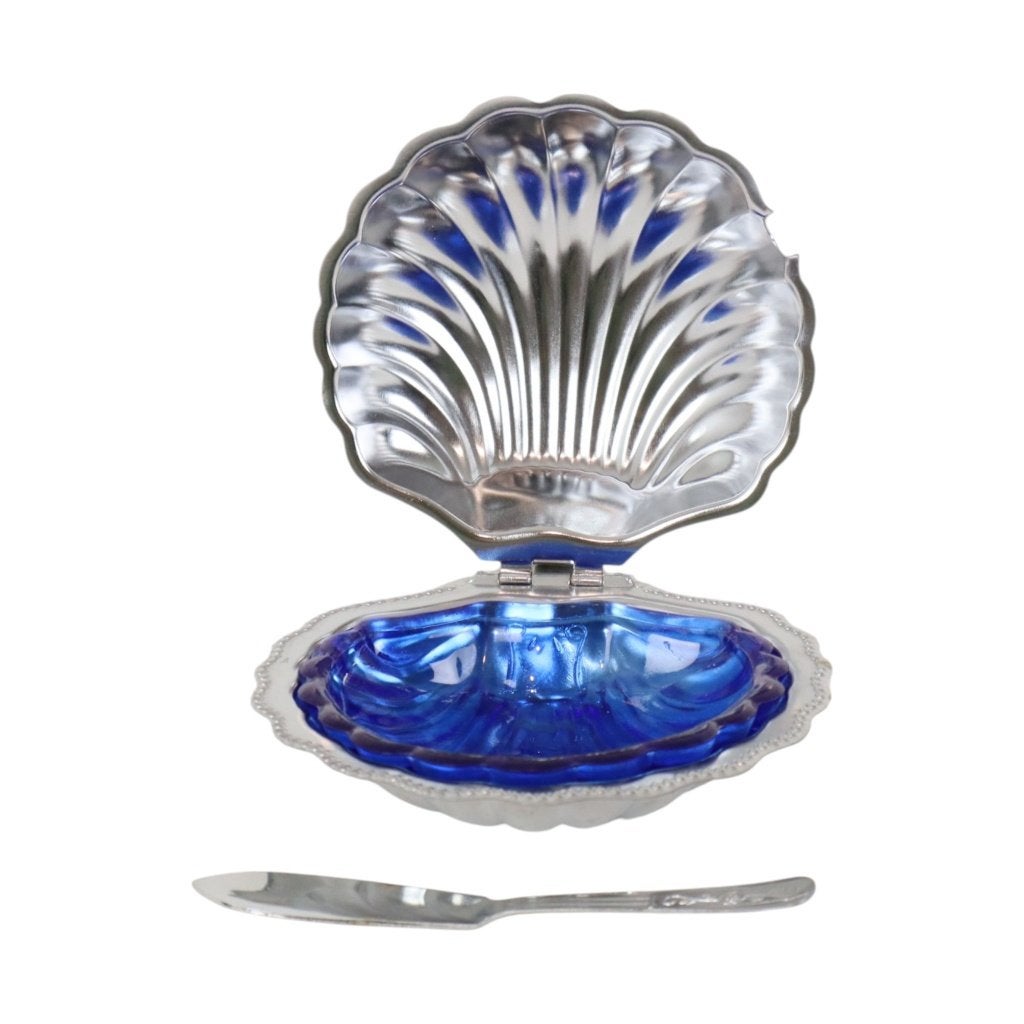 Vintage Coquille Schelp Boterschaal Blauw Glas Queen Anne, Ophalen of Verzenden