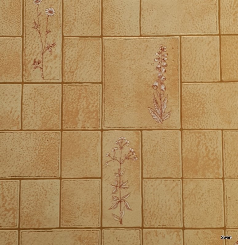 13179 Vintage tegelbehang met bloemtegels behang swiet, Ophalen of Verzenden, Beige