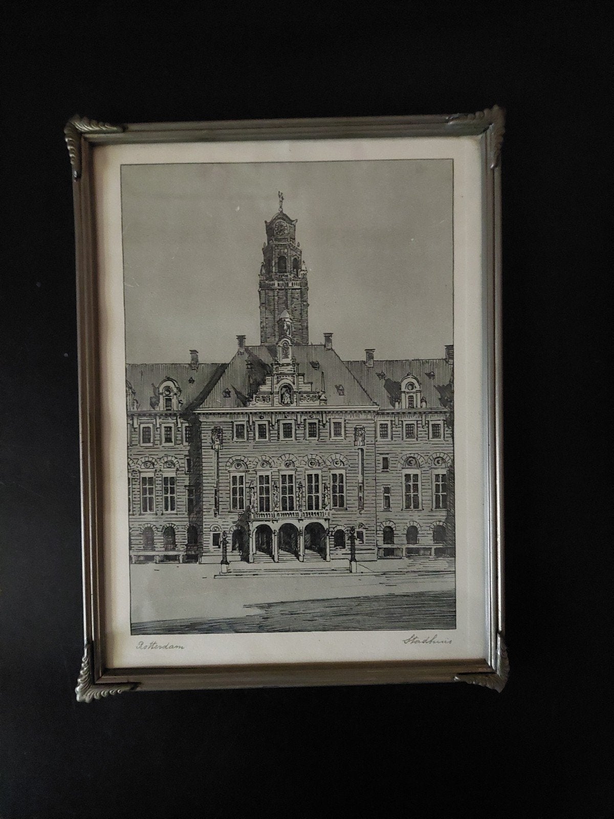 Ingelijste pentekening stadhuis Rotterdam, Antiek en Kunst, Ophalen