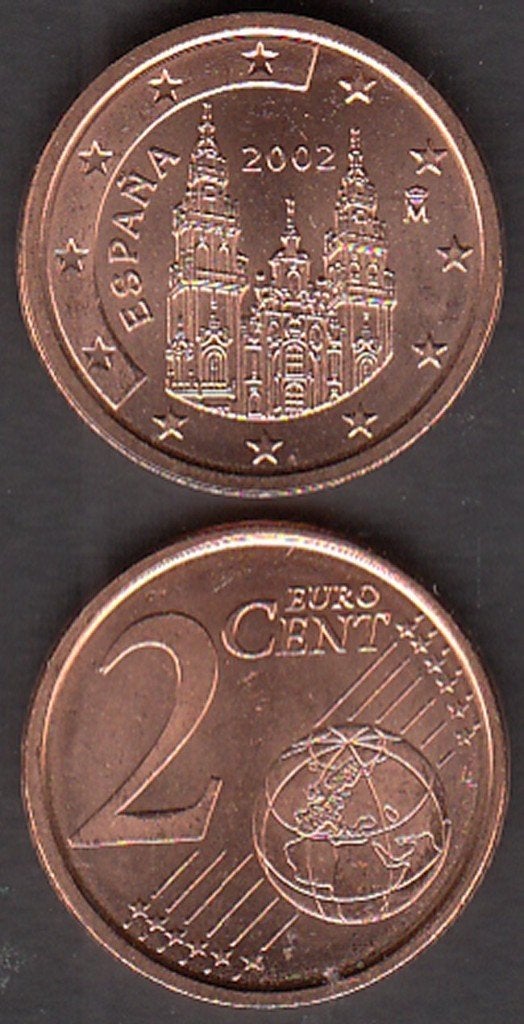 Spanje 2 eurocent 2002 UNC in munthouder (lastig), Ophalen of Verzenden, Spanje, 2 cent, Losse munt