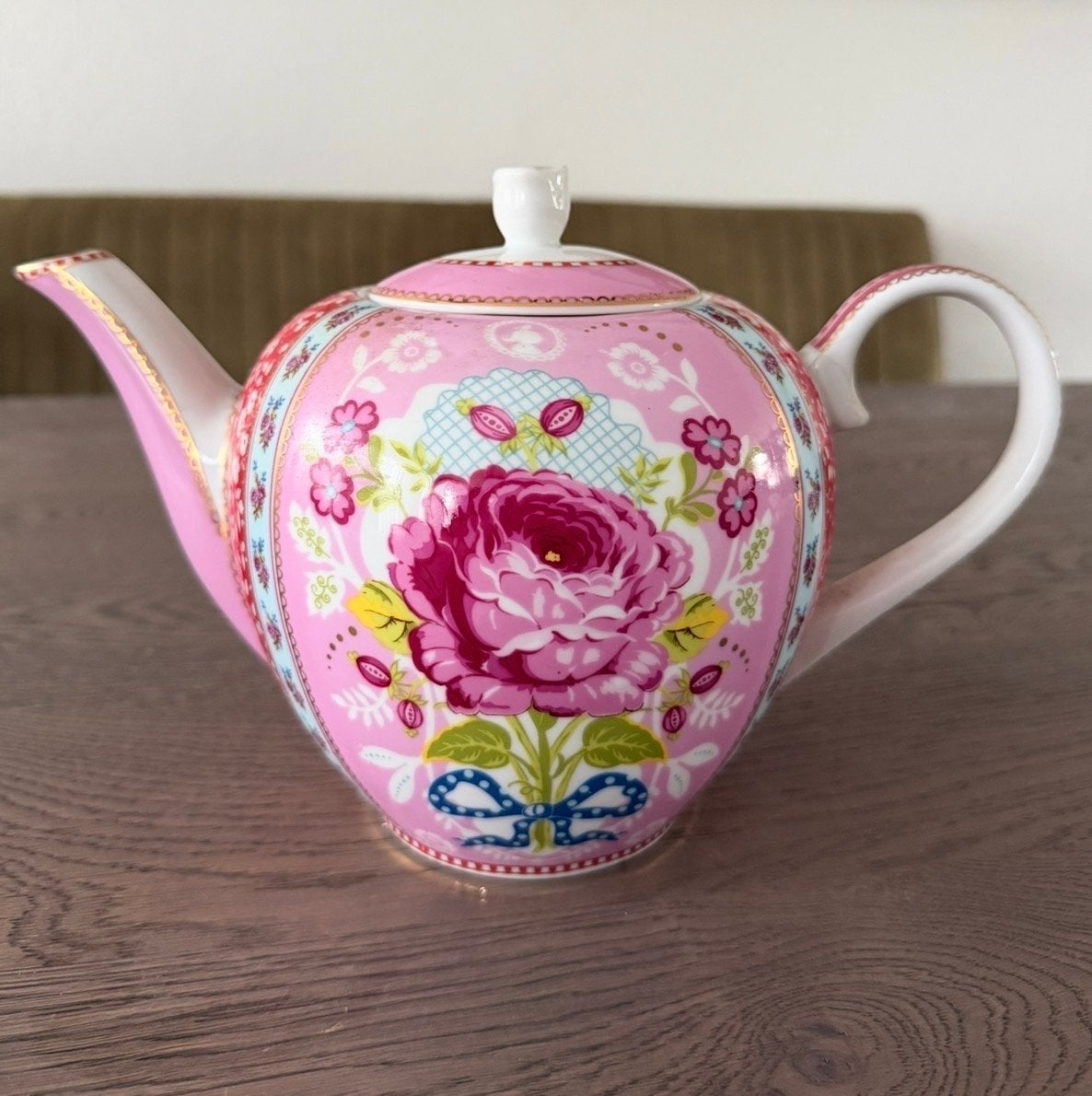 Pip Studio theepot roze met bloemen en gouden details, Gebruikt, Pip Studio, Ophalen of Verzenden, Theepot