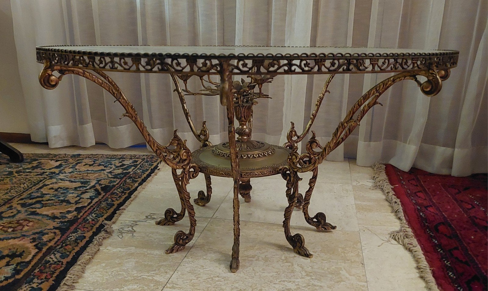 ronde salontafel, glazen blad, bewerkt onderstel., Ophalen, Gebruikt, 100 tot 150 cm, Rond