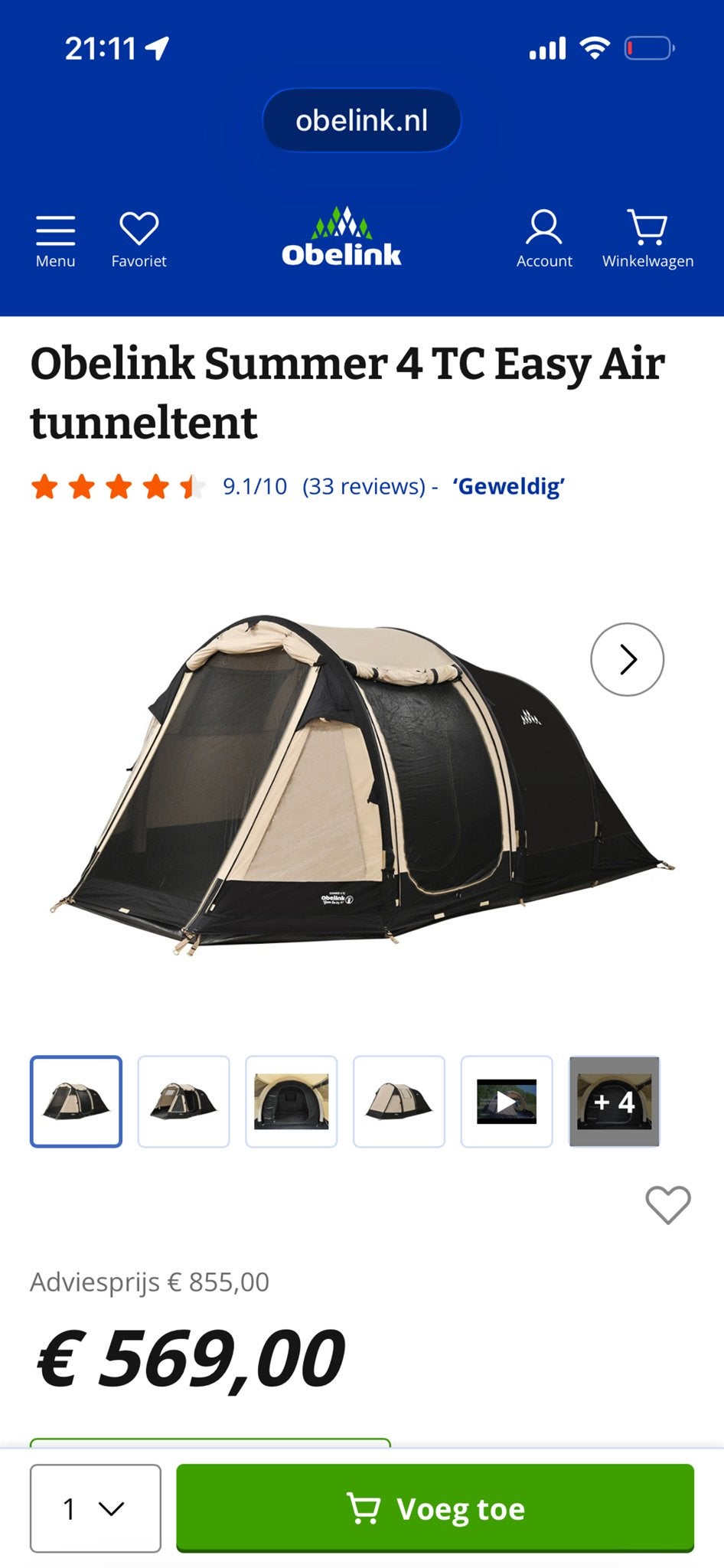 Obelink Summer 4 TC Easy Air tunneltent, Ophalen, Zo goed als nieuw, Tot en met 4