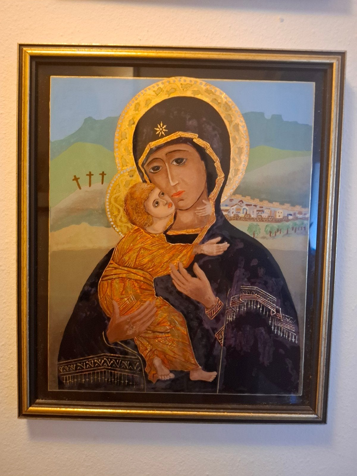 Ingelijste icoon van Maria met kindje Jezus, Ophalen of Verzenden