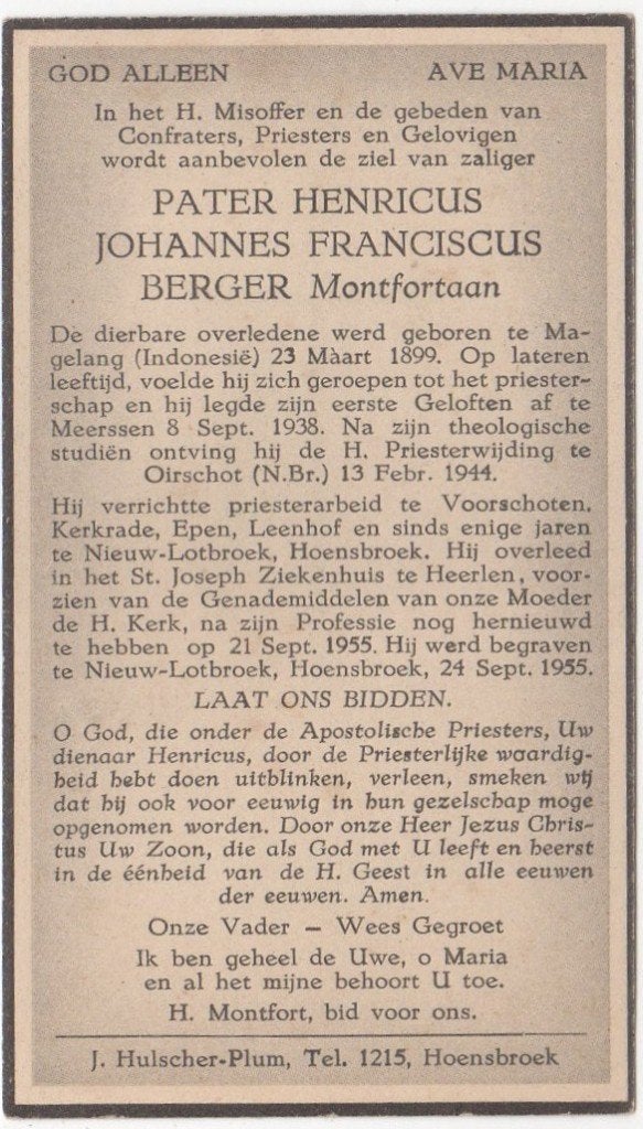 pater Henricus Berger 1899 Indonesië + 1955 Heerlen, 56 jr, Verzamelen, Bidprentjes en Rouwkaarten, Verzenden
