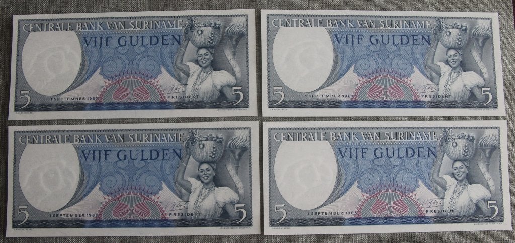 4x 5 gulden suriname 1963 nummers opv. errrrg mooi, Ophalen of Verzenden, Midden-Amerika, Setje