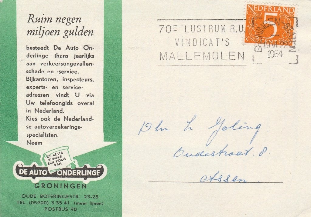 GRONINGEN 1964 DE AUTO ONDERLINGE Verzekeringsmij, Ophalen of Verzenden, 1960 tot 1980, Gelopen, Groningen