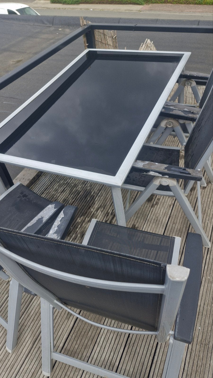 Tuinset met glazen tafel en 4 stoelen, Tuin en Terras, Ophalen, 4 zitplaatsen, Gebruikt, Aluminium