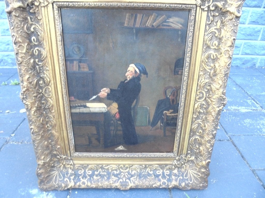 olieverf paneel boek lezende man, Antiek en Kunst, Kunst | Schilderijen | Klassiek, Paneel, Portret of Personen, Origineel werk